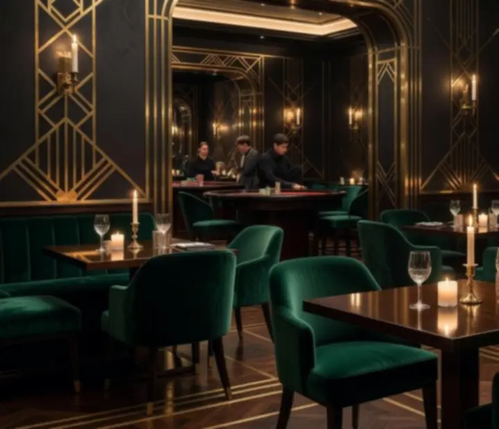 Art Deco stílusú magyar kaszinó étterem belső tér sötét bársonnyal és fénylő antik réz részletekkel