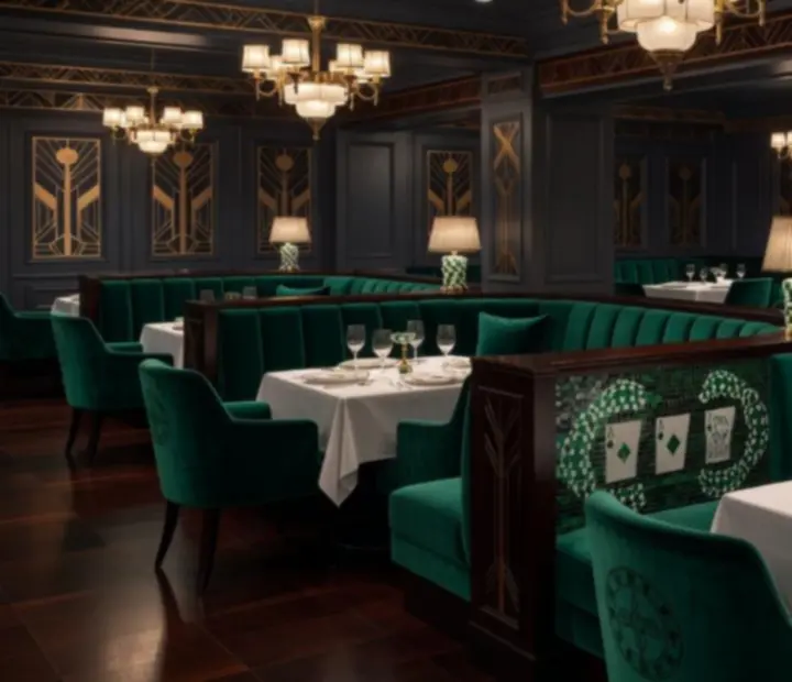 Art deco kaszinó étterem enteriőr, elegáns asztalokkal és meleg fényekkel