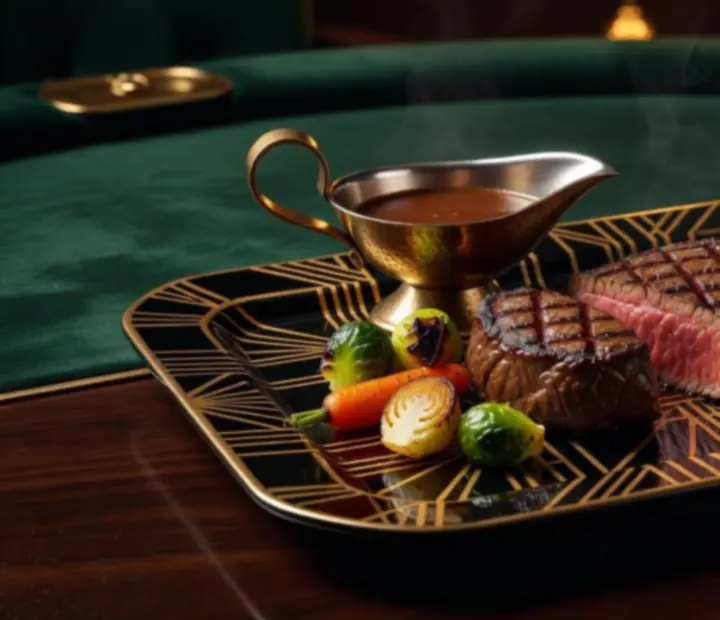 Art deco stílusban tálalt steak válogatás, sötét tányérokon, kaszinó zseton dekorációval.