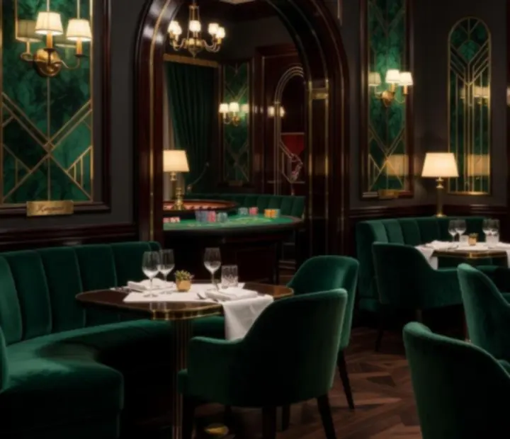 Elegáns offline kaszinó étterem art deco belsővel, megterített asztalokkal és rulett asztallal a háttérben.