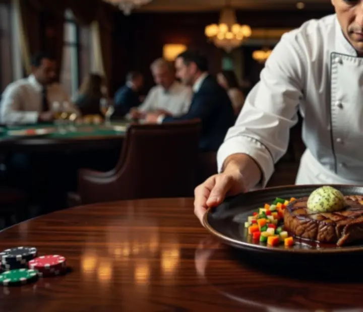 Signature steak fogás elegáns tálalásban a kaszinó étterem art deco környezetében