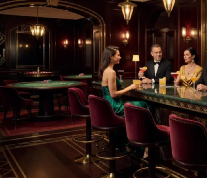 Elegáns kaszinó étterem koktélbár mélyzöld márványbárral, art deco világítással és koktélt kortyoló vendégekkel, háttérben kártyaasztalokkal és rulettkerékkel