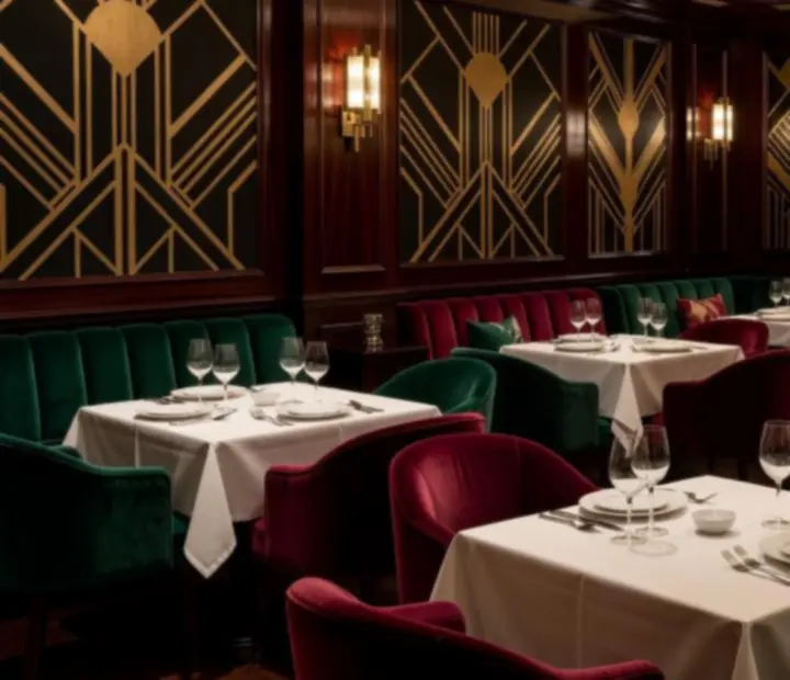 Elegáns Art Deco kaszinó étterem melegen megvilágított asztalokkal, bársony székekkel, rulettkerékkel és pókerasztallal.
