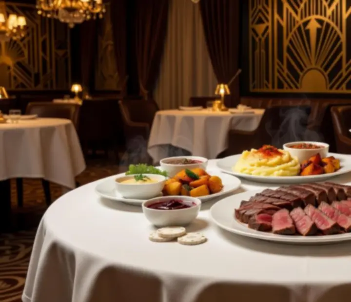 Magyar és európai stílusban tálalt steak egy elegáns art deco kaszinó éttermi asztalon