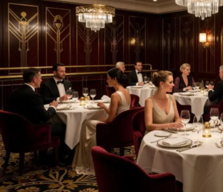 Elegáns offline kaszinó étterem esti hangulatban, art deco enteriőrrel