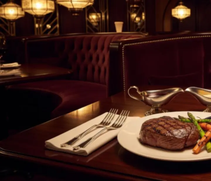 Luxus steak szervírozva elegáns kaszinó éttermi asztalon, meleg fények és sötét fa burkolatok között.