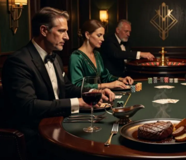 Steak és bor egy kaszinó rulett- és pókerasztalokkal körülvett elegáns éttermi térben