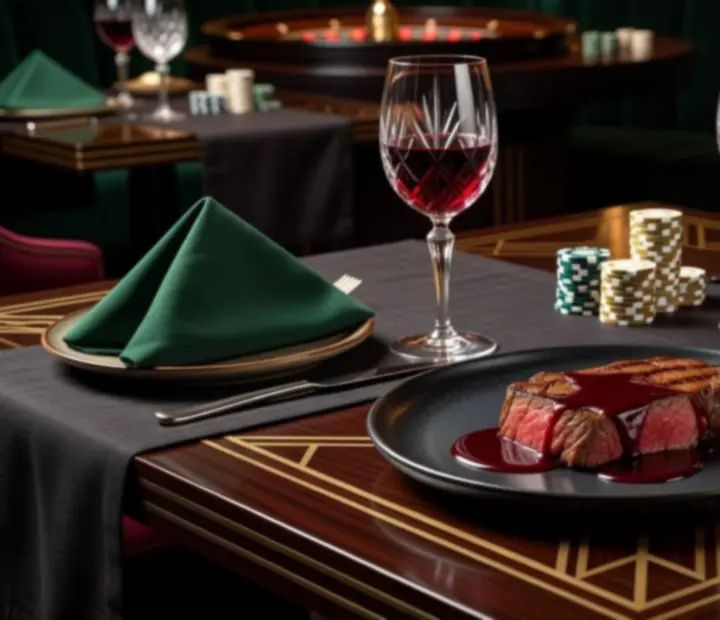 Steak és desszert elegáns kaszinó éttermi tálalásban