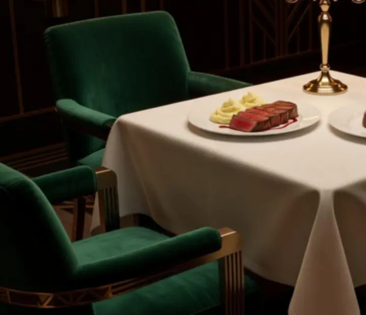 Tányéron felszolgált steak és elegáns desszertpárosítás egy art deco kaszinó étterem asztalán.