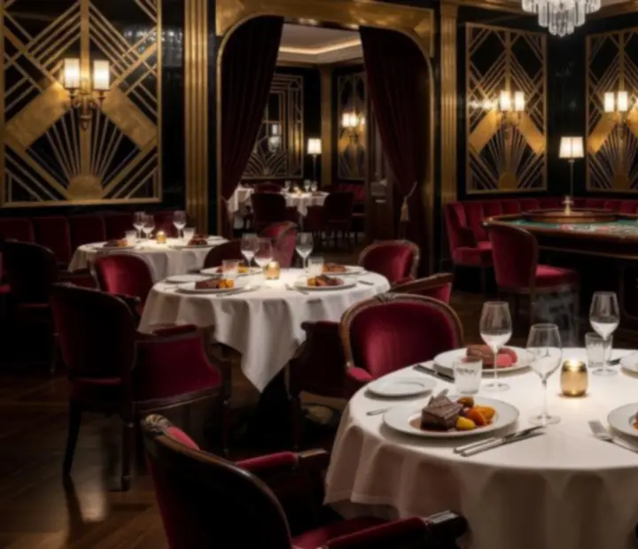 Elegáns art deco kaszinó étterem steakkel megterített asztalokkal és rulettasztallal