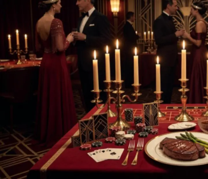 Tematikus steak est kaszinó játékkártyákkal és zsetonokkal díszített asztalokkal