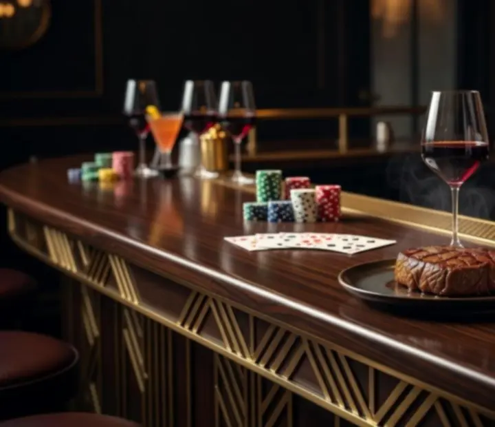 Steak, vörösbor és koktél elegáns art deco kaszinó éttermi környezetben